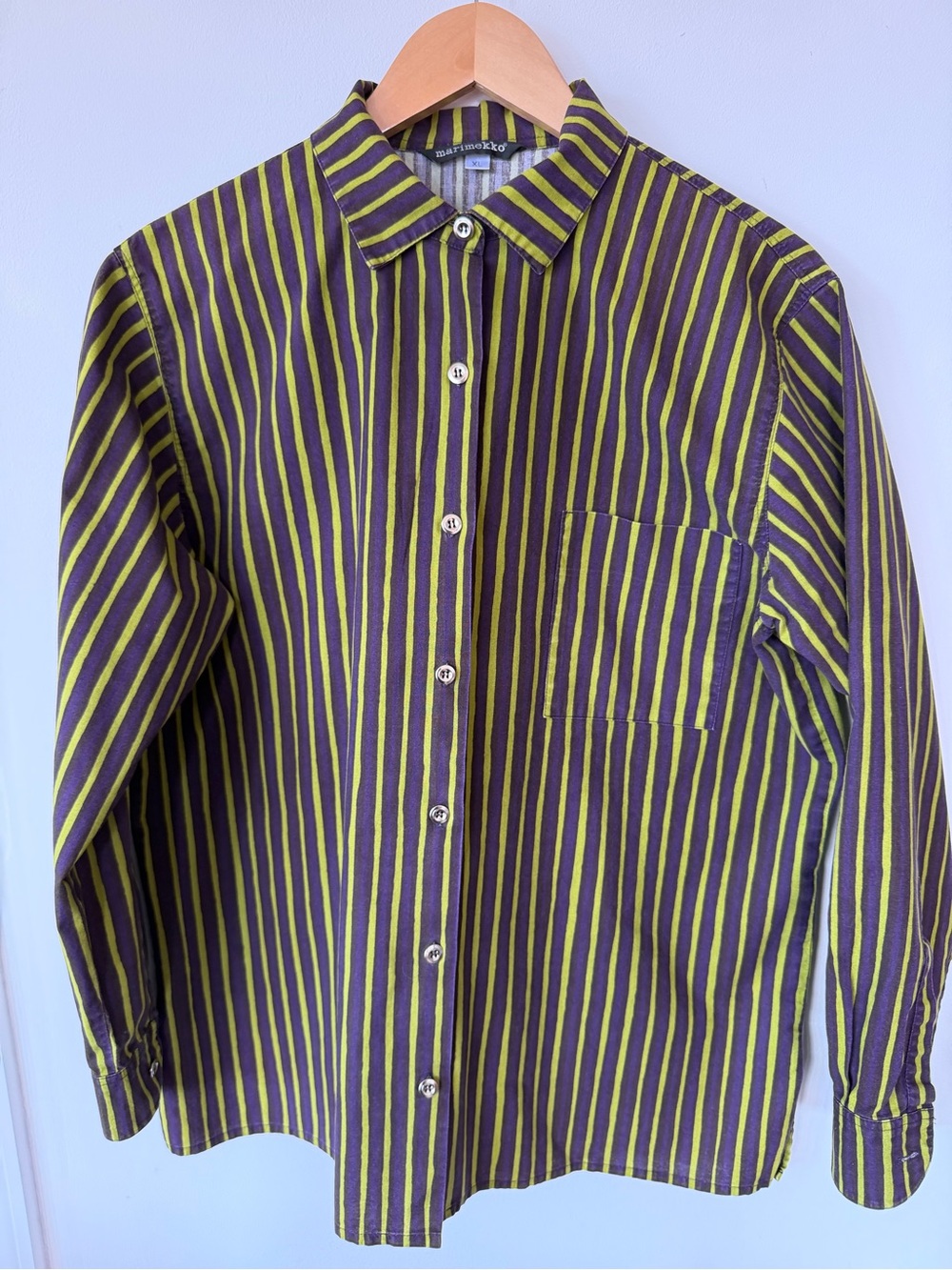 Marimekko Finnish  Long-Sleeve Button-Up Shirt in Blue and Green brush-stroked s
